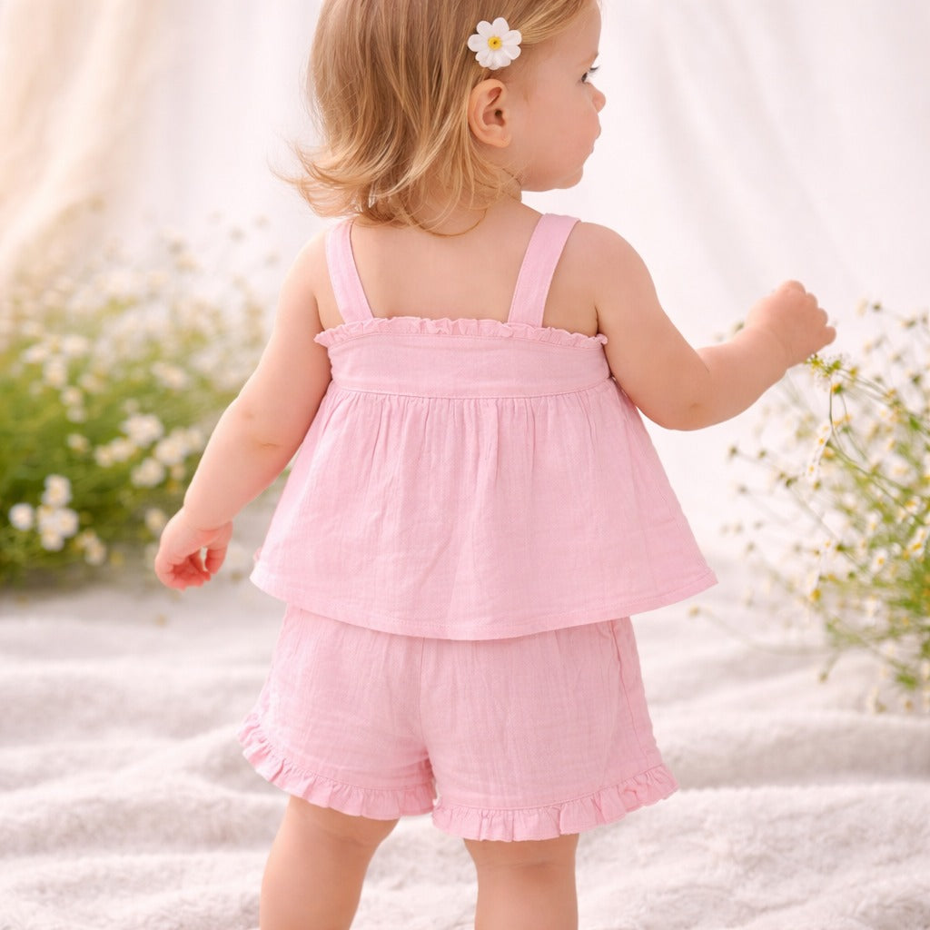 TOFFY HOUSE Baby Girls Pink Cotton Top & Shorts Set (NB–12M)