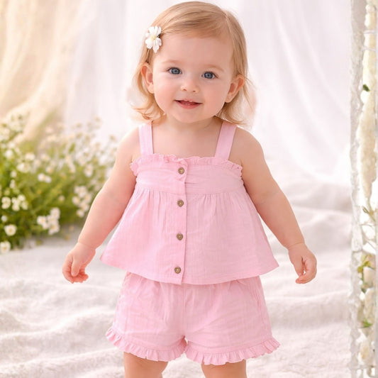 TOFFY HOUSE Baby Girls Pink Cotton Top & Shorts Set (NB–12M)