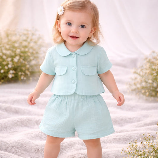 TOFFY HOUSE Baby Girls F.Green Cotton Co-ord Top & Shorts Set (9M–3Y)