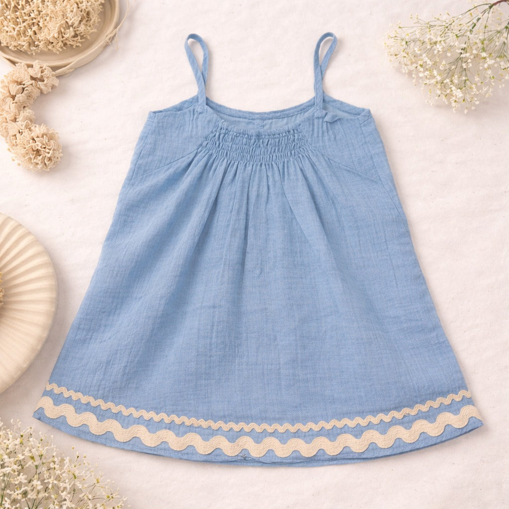 LEO N BABES Girls Blue Cotton Summer Dress with Floral Applique (18M–12Y)