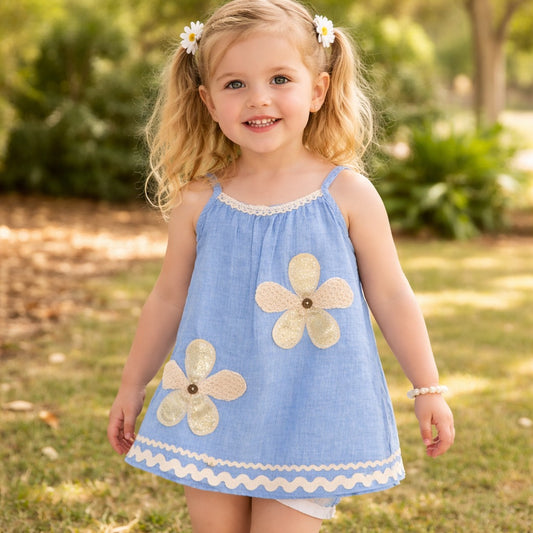 LEO N BABES Girls Blue Cotton Summer Dress with Floral Applique (18M–12Y)