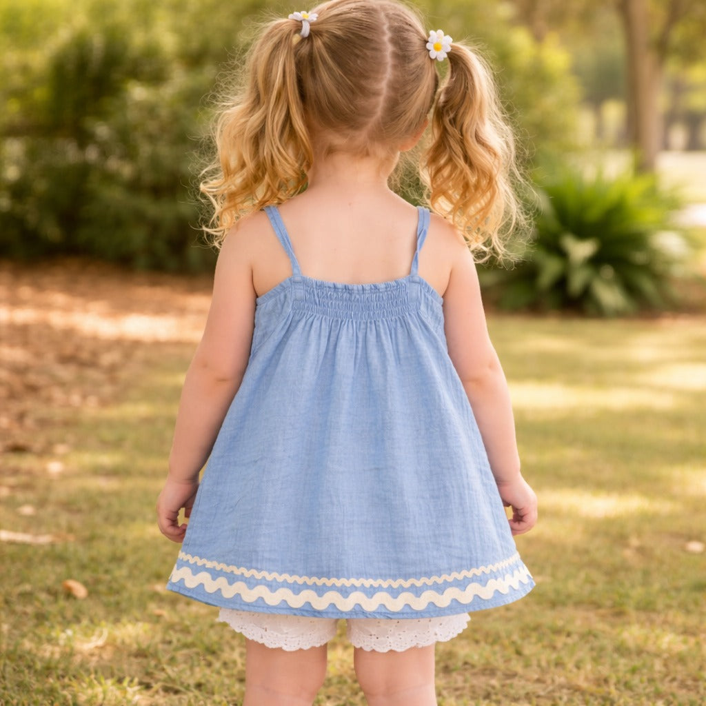 LEO N BABES Girls Blue Cotton Summer Dress with Floral Applique (18M–12Y)