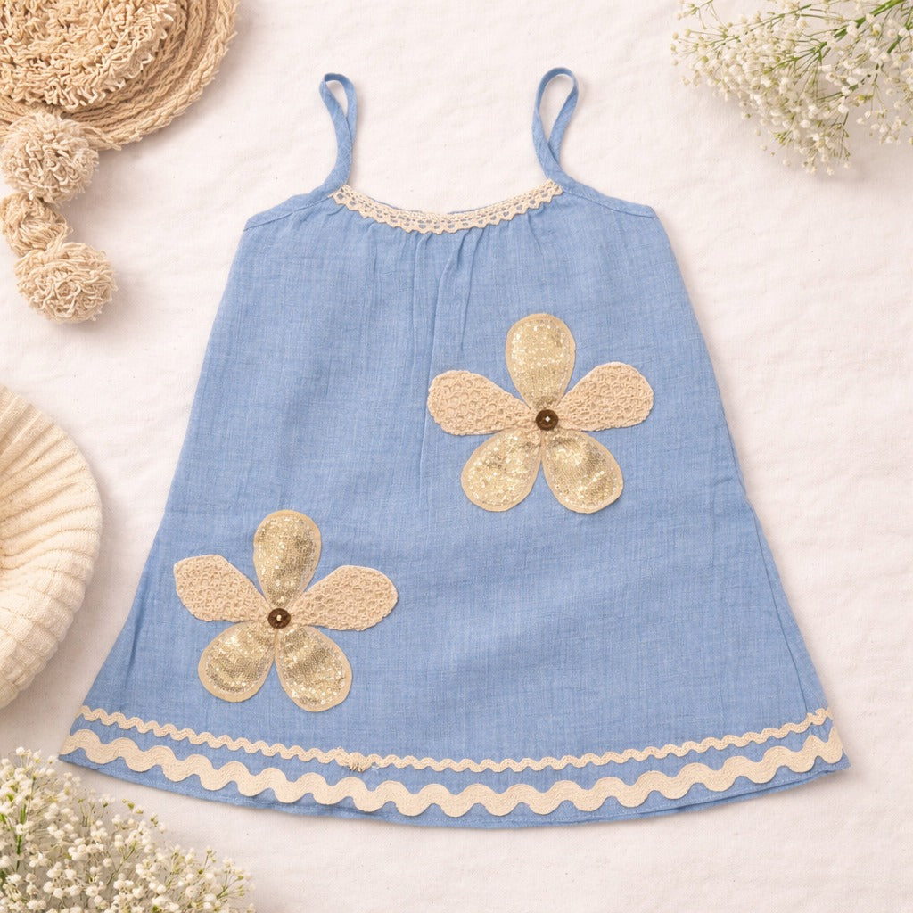LEO N BABES Girls Blue Cotton Summer Dress with Floral Applique (18M–12Y)