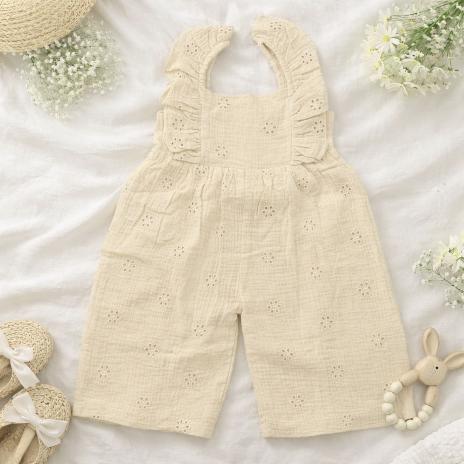 NUM NUM Baby Girls Cotton Jumpsuit Romper with Ruffle Sleeves (0M–6Y) – Soft Summer Wear in Yellow & Beige