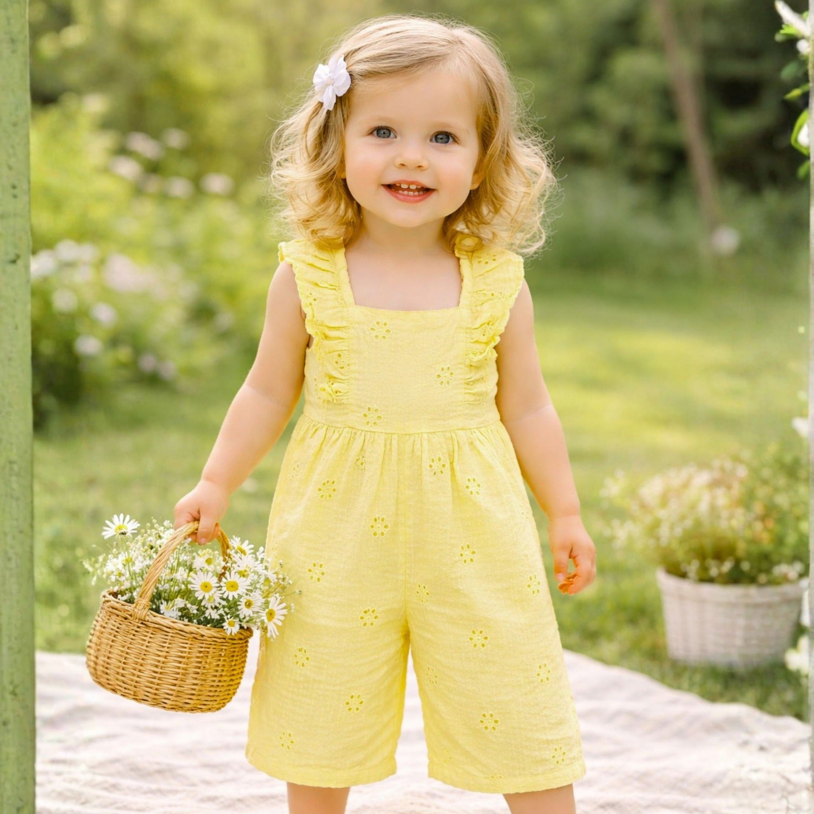 NUM NUM Baby Girls Cotton Jumpsuit Romper with Ruffle Sleeves (0M–6Y) – Soft Summer Wear in Yellow & Beige
