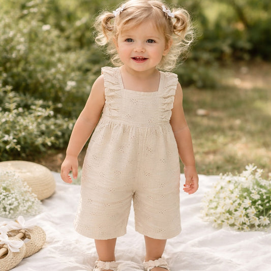 NUM NUM Baby Girls Cotton Jumpsuit Romper with Ruffle Sleeves (0M–6Y) – Soft Summer Wear in Yellow & Beige
