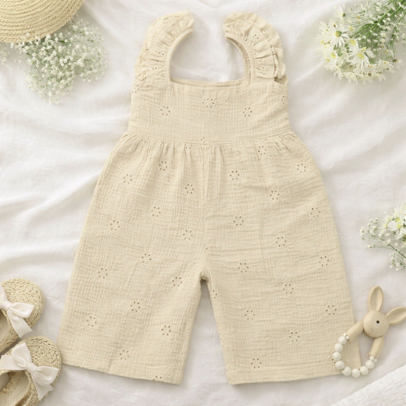 NUM NUM Baby Girls Cotton Jumpsuit Romper with Ruffle Sleeves (0M–6Y) – Soft Summer Wear in Yellow & Beige