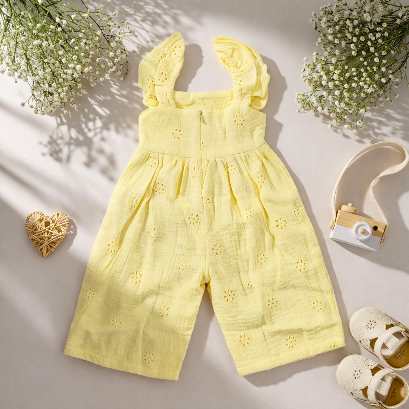 NUM NUM Baby Girls Cotton Jumpsuit Romper with Ruffle Sleeves (0M–6Y) – Soft Summer Wear in Yellow & Beige