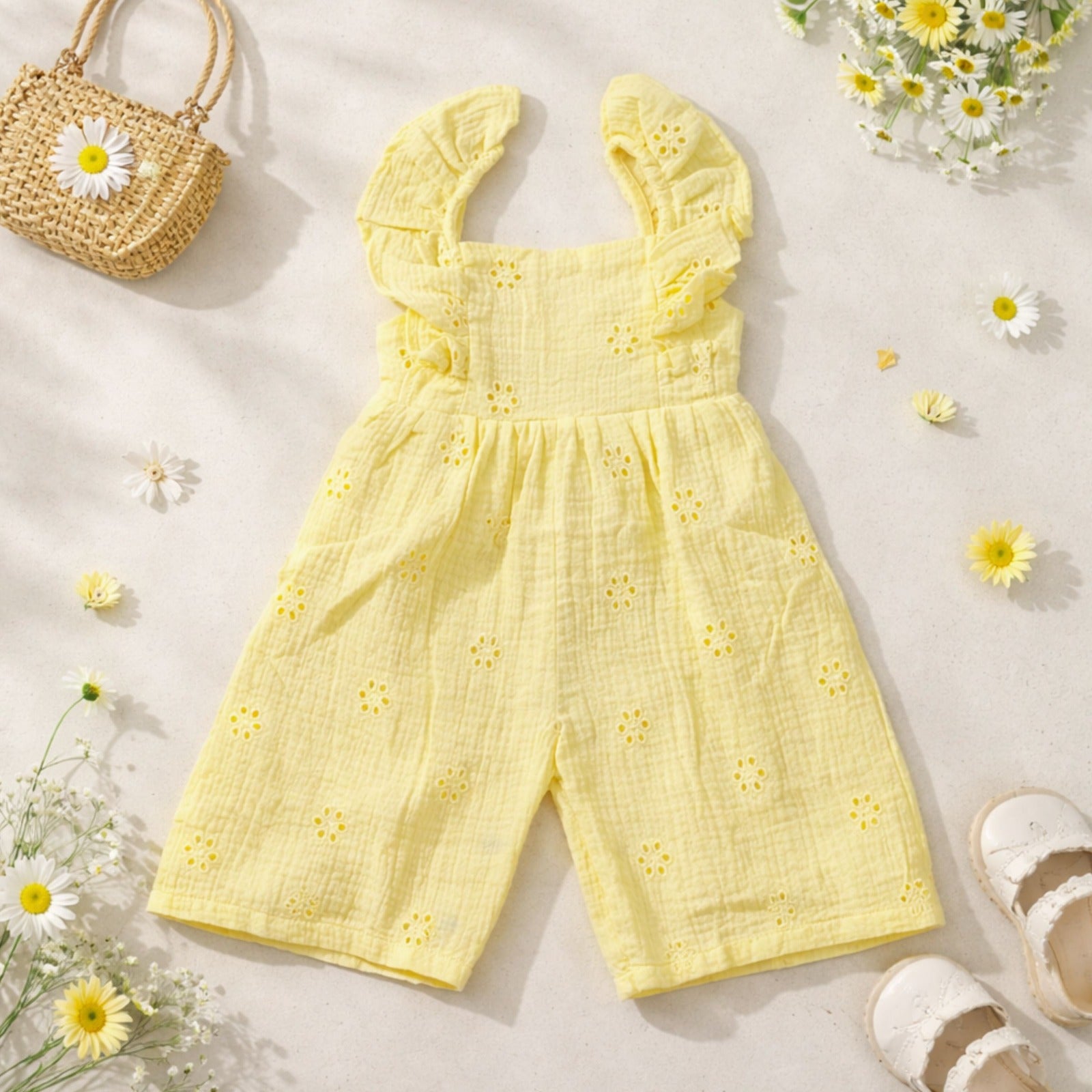 NUM NUM Baby Girls Cotton Jumpsuit Romper with Ruffle Sleeves (0M–6Y) – Soft Summer Wear in Yellow & Beige