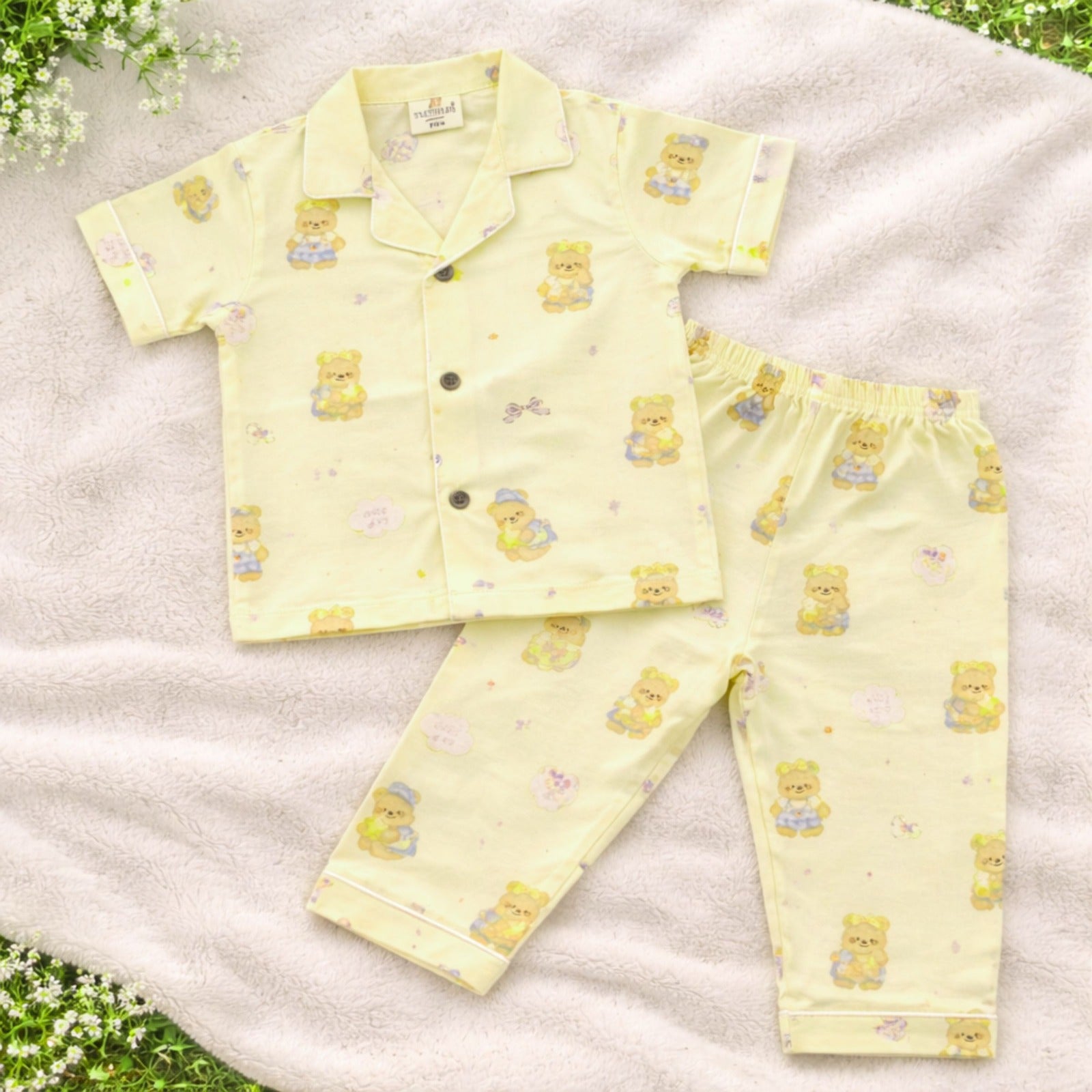 NUM NUM Baby Boys Cotton Night Suit Set – Cute Teddy Print Shirt & Pant Set (9M–3Y) Yellow