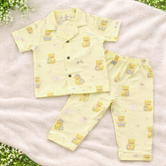 NUM NUM Baby Boys Cotton Night Suit Set – Cute Teddy Print Shirt & Pant Set (9M–3Y) Yellow