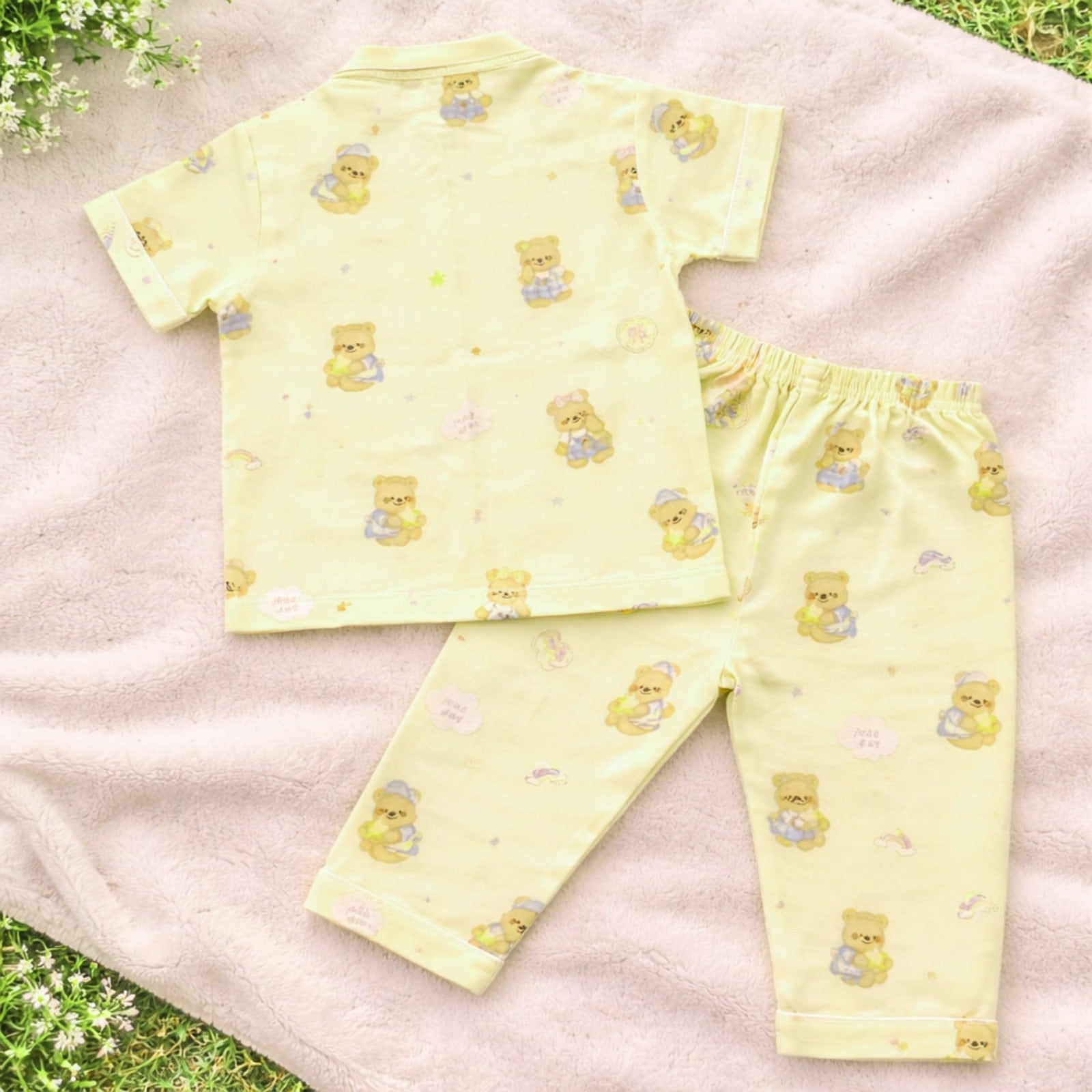 NUM NUM Baby Boys Cotton Night Suit Set – Cute Teddy Print Shirt & Pant Set (9M–3Y) Yellow