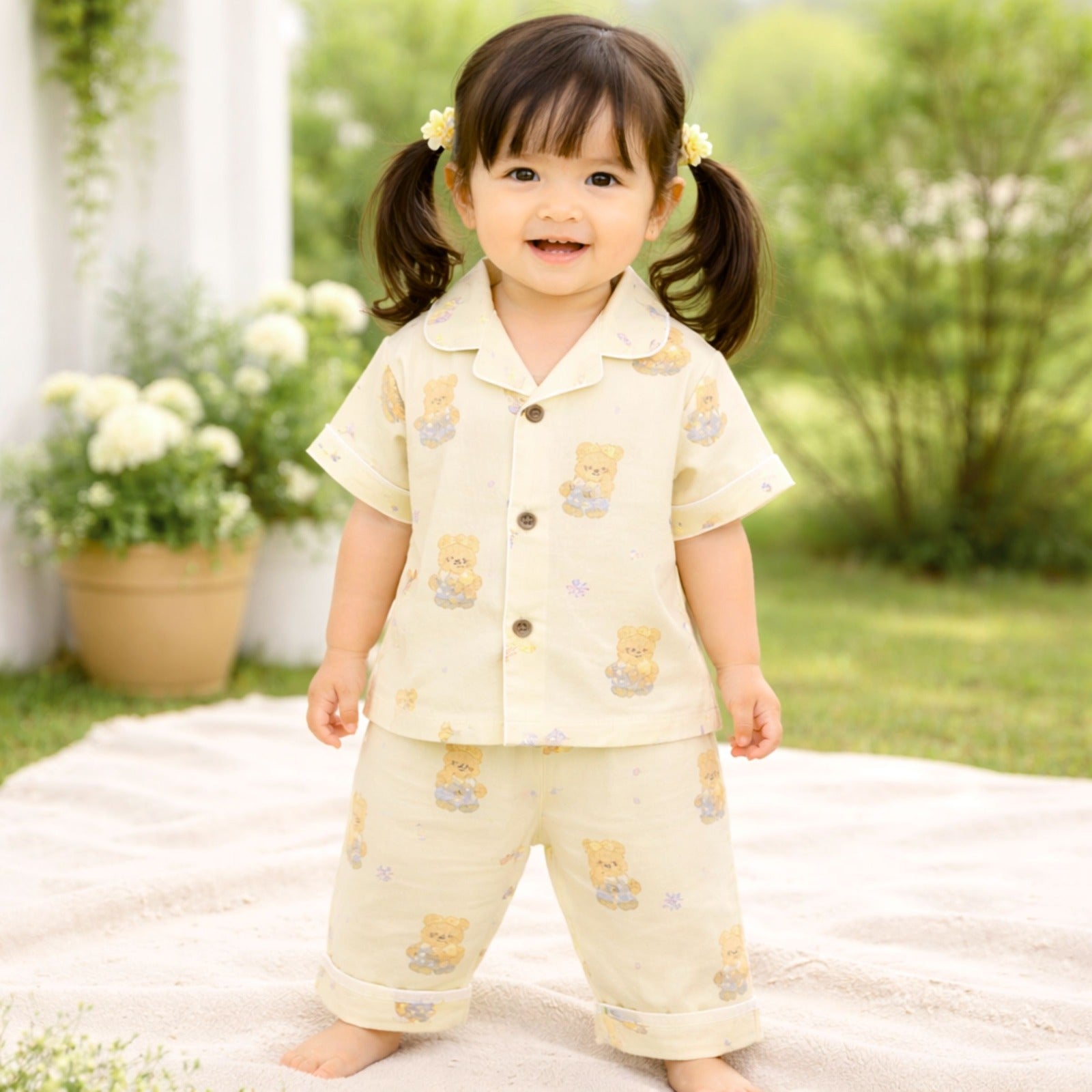 NUM NUM Baby Boys Cotton Night Suit Set – Cute Teddy Print Shirt & Pant Set (9M–3Y) Yellow