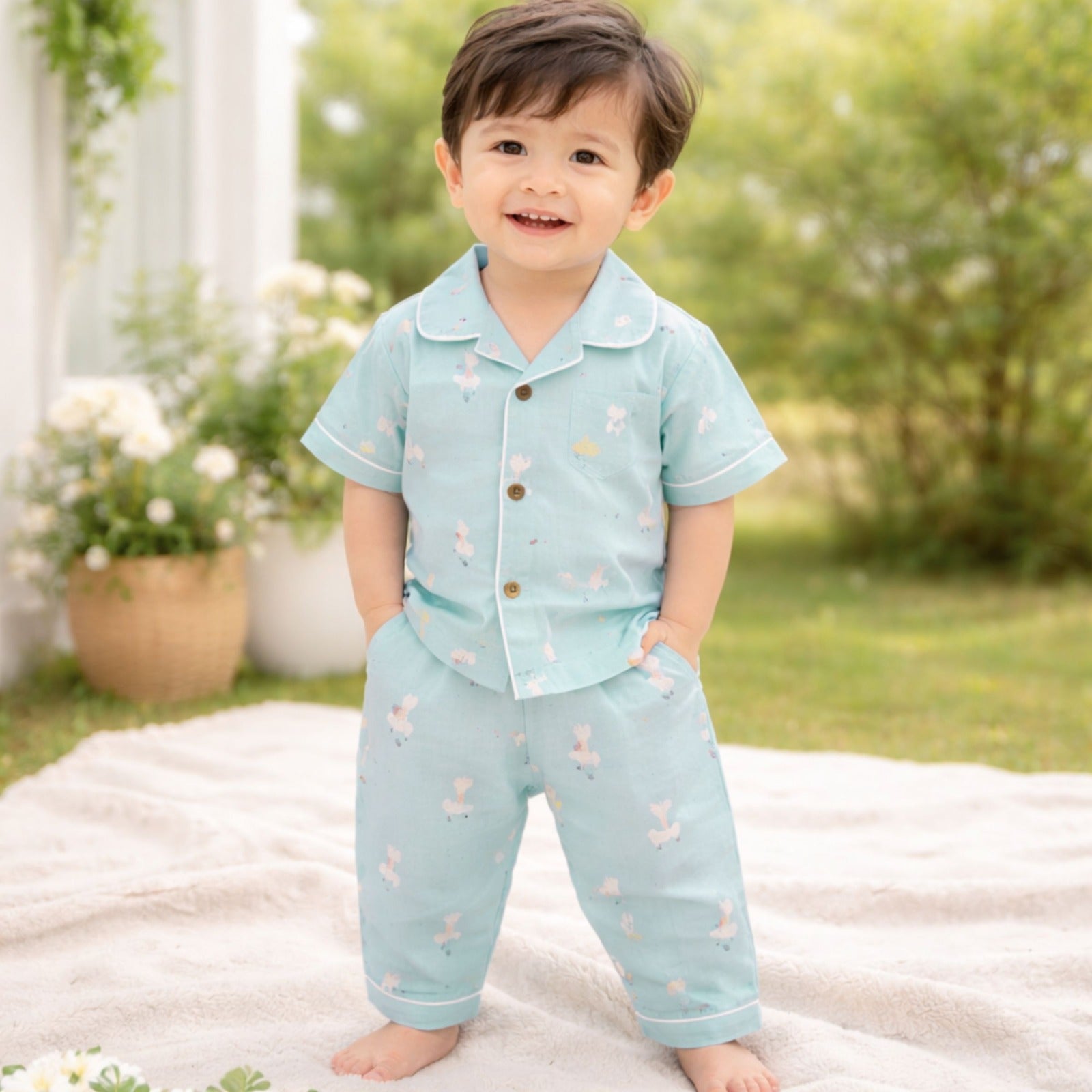 NUM NUM Baby Boys Cotton Night Suit Set – Cute Animal Print Shirt & Pant Set (9M–3Y) Blue
