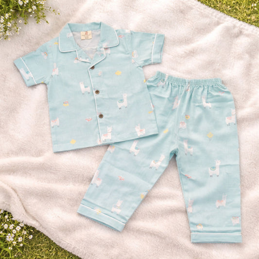 NUM NUM Baby Boys Cotton Night Suit Set – Cute Animal Print Shirt & Pant Set (9M–3Y) Blue