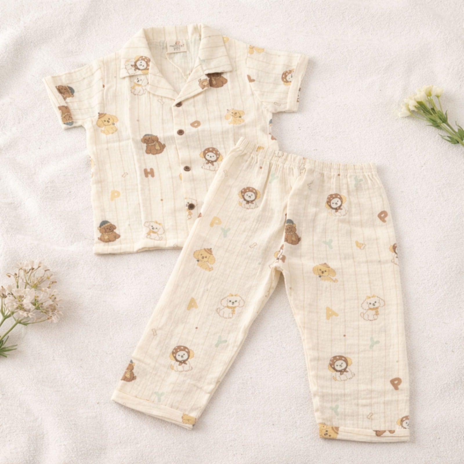 NUM NUM Baby Boys Cotton Night Suit Set – Cute Cartoon Print Shirt & Pant Set (9M–3Y) Yellow
