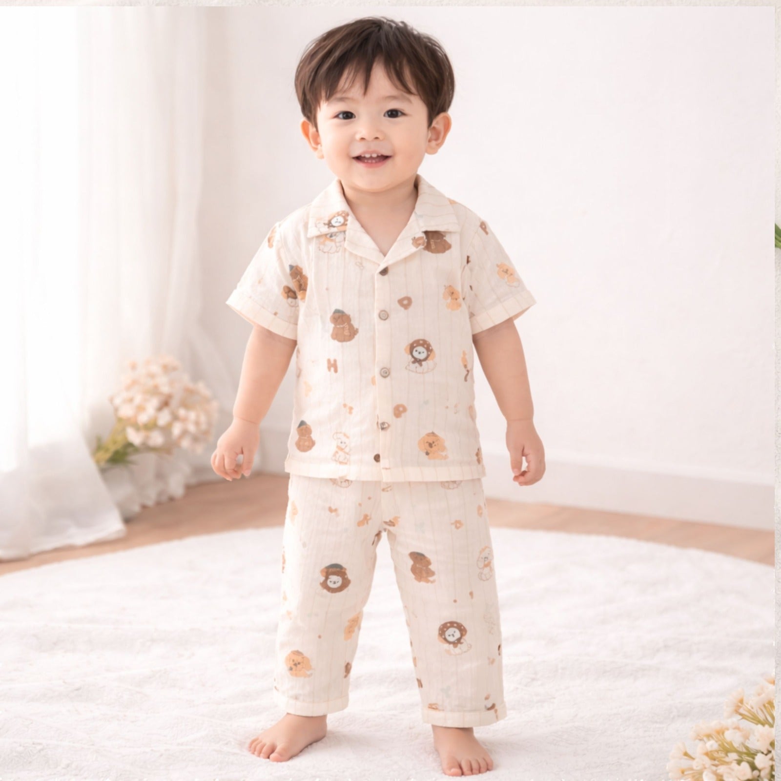 NUM NUM Baby Boys Cotton Night Suit Set – Cute Cartoon Print Shirt & Pant Set (9M–3Y) Yellow