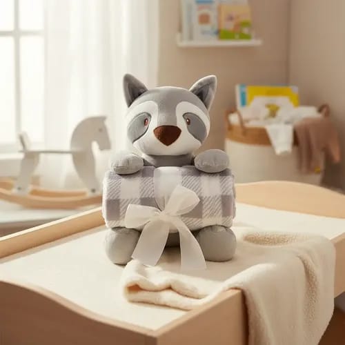 SMILE BABY Ultra Soft Baby Blanket with Cute Raccoon Plush Toy – Premium Fleece Checkered Newborn Blanket Gift Set for Babies, Toddlers & Kids (Grey & White)