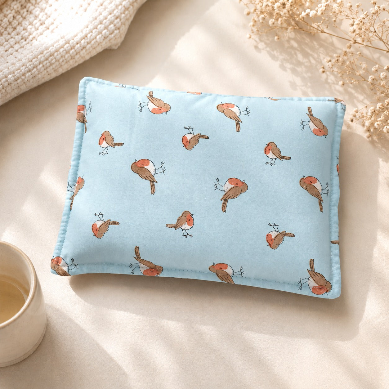 Smile Baby Mustard Seed Head Shaping Pillow for Newborn Babies | Soft Cotton Cover | Breathable & Washable | Prevents Flat Head Syndrome | Baby Support Pillow (Blue Bird Print)