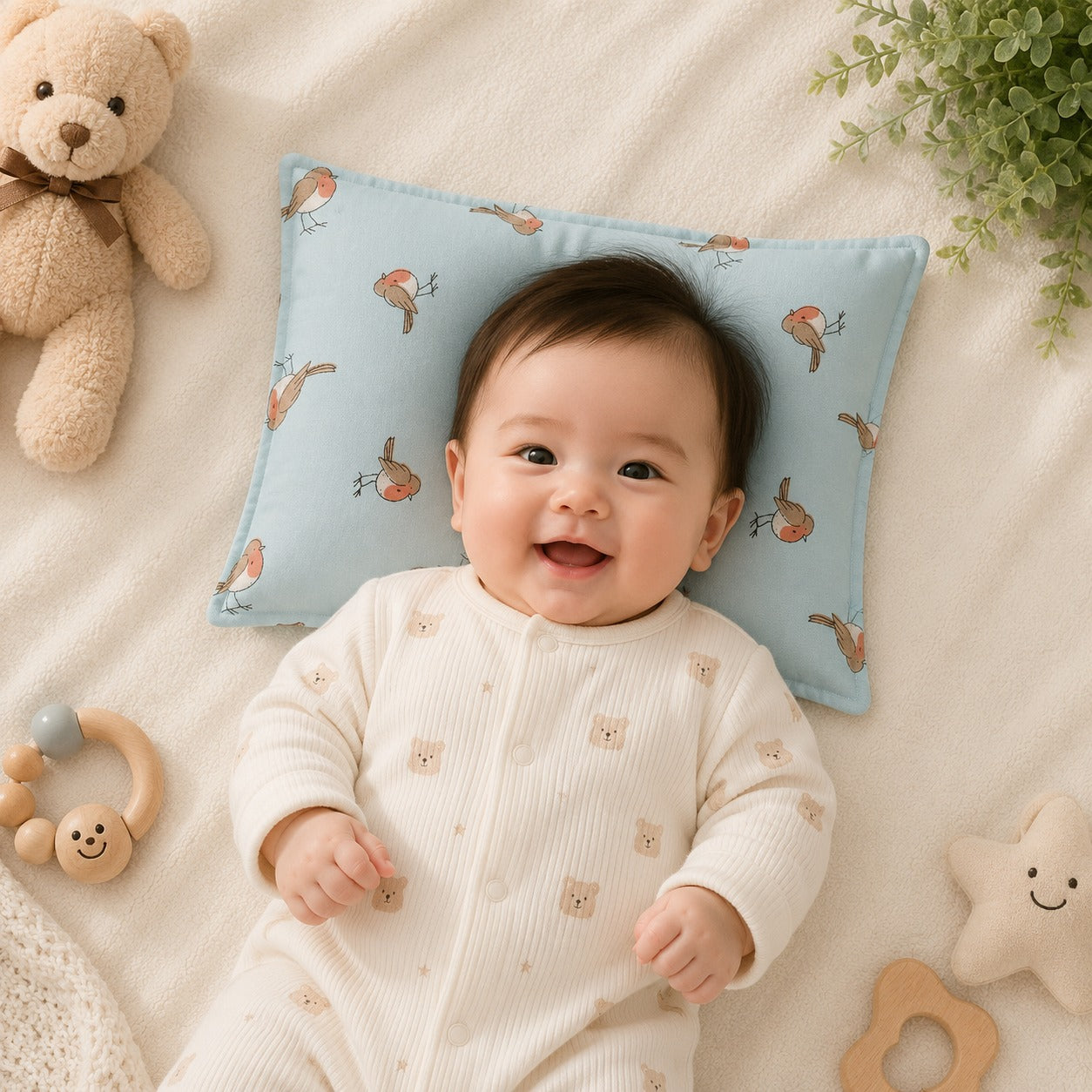 Smile Baby Mustard Seed Head Shaping Pillow for Newborn Babies | Soft Cotton Cover | Breathable & Washable | Prevents Flat Head Syndrome | Baby Support Pillow (Blue Bird Print)