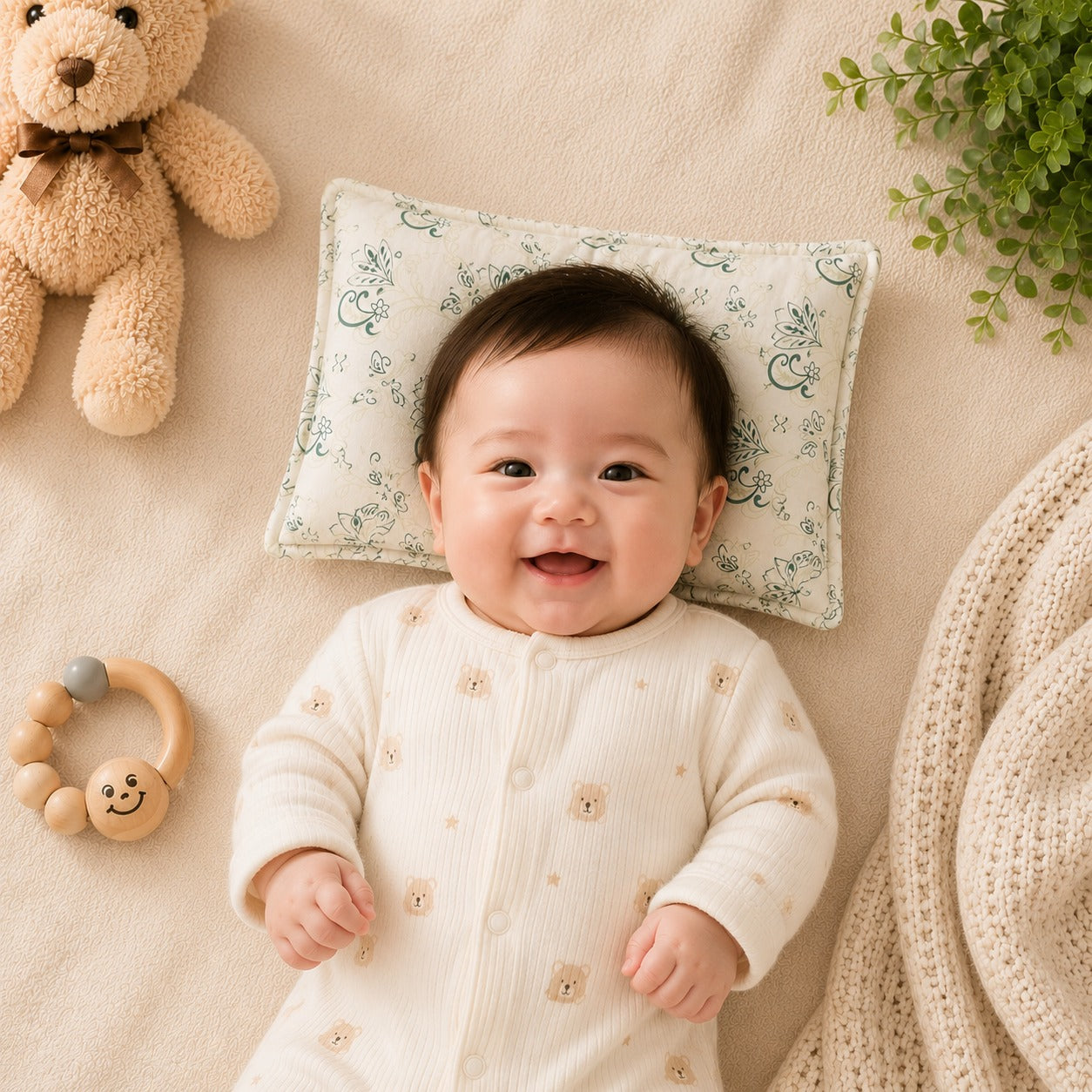 Smile Baby Natural Mustard Seed Baby Pillow – Elegant Green Floral Print | Soft Cotton Head Shaping Pillow for Newborns & Infants, Breathable & Washable