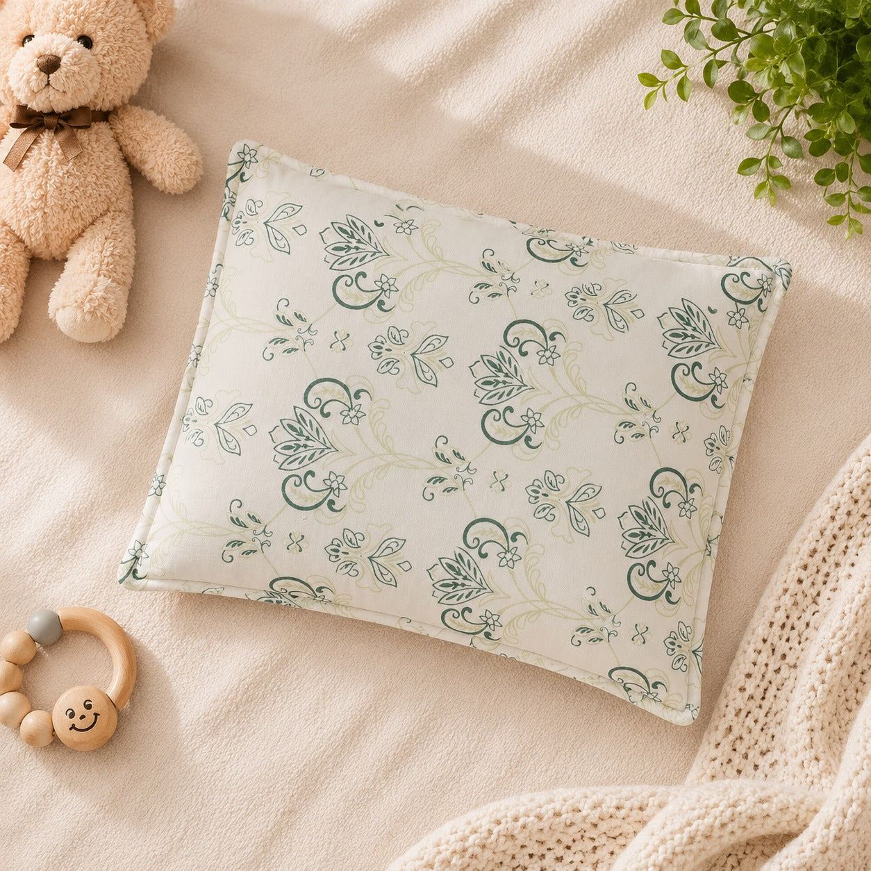 Smile Baby Natural Mustard Seed Baby Pillow – Elegant Green Floral Print | Soft Cotton Head Shaping Pillow for Newborns & Infants, Breathable & Washable
