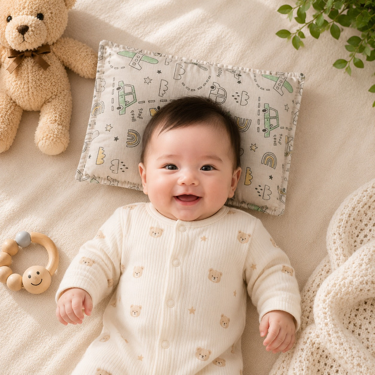 Smile Baby Natural Mustard Seed Baby Pillow with Transport & Rainbow Print – Soft Cotton Head Support Pillow for Newborns & Infants, Breathable & Washable