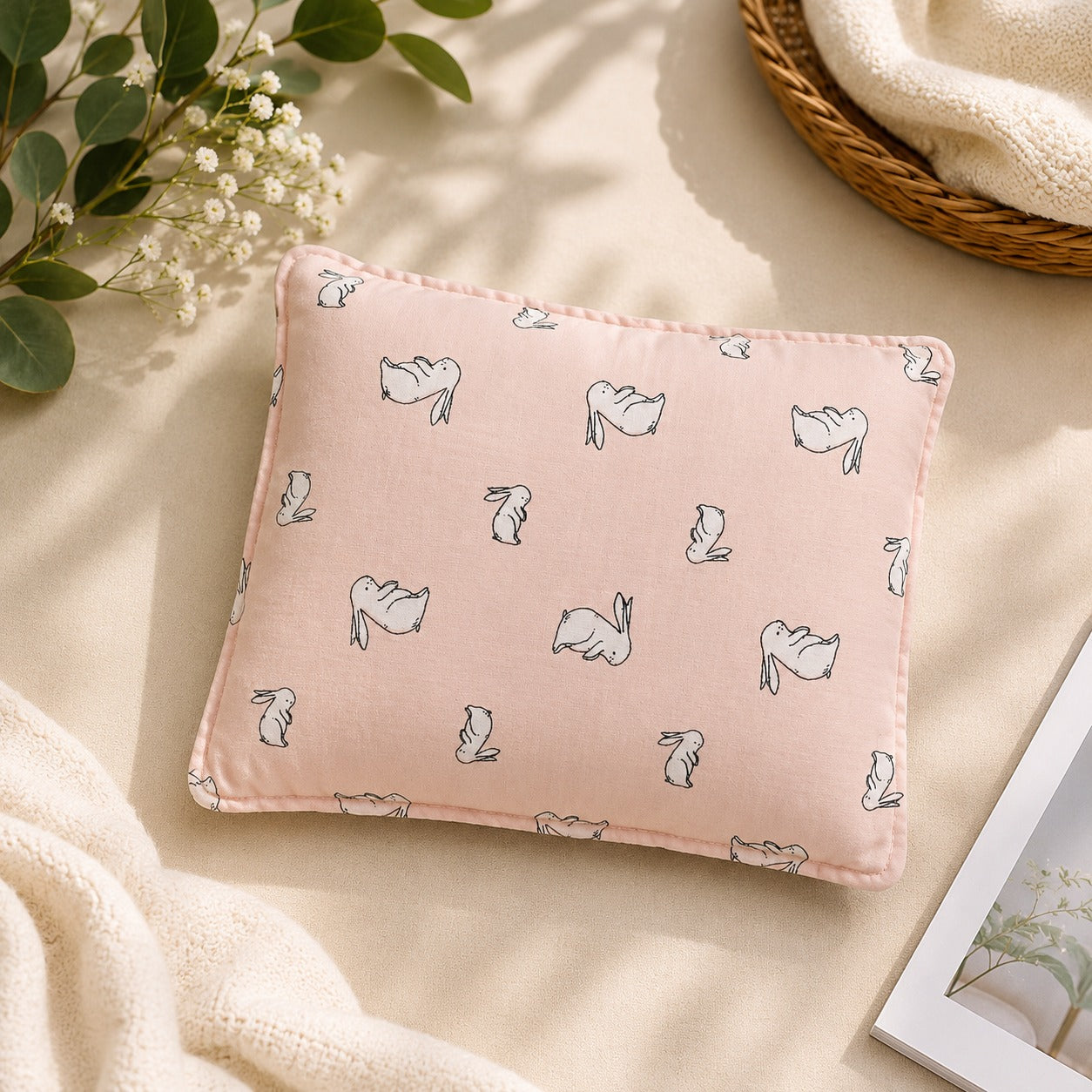 Smile Baby Natural Mustard Seed Baby Pillow with Pink Bunny Print – Soft Cotton Head Support Pillow for Newborns & Infants, Breathable & Washable