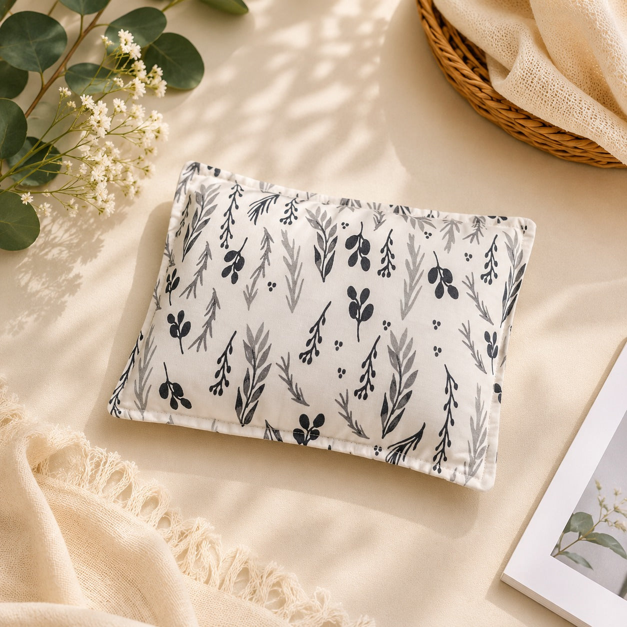 Smile Baby Natural Mustard Seed Baby Pillow with Grey Botanical Leaf Print – Soft Cotton Head Support Pillow for Newborns & Infants, Breathable & Washable