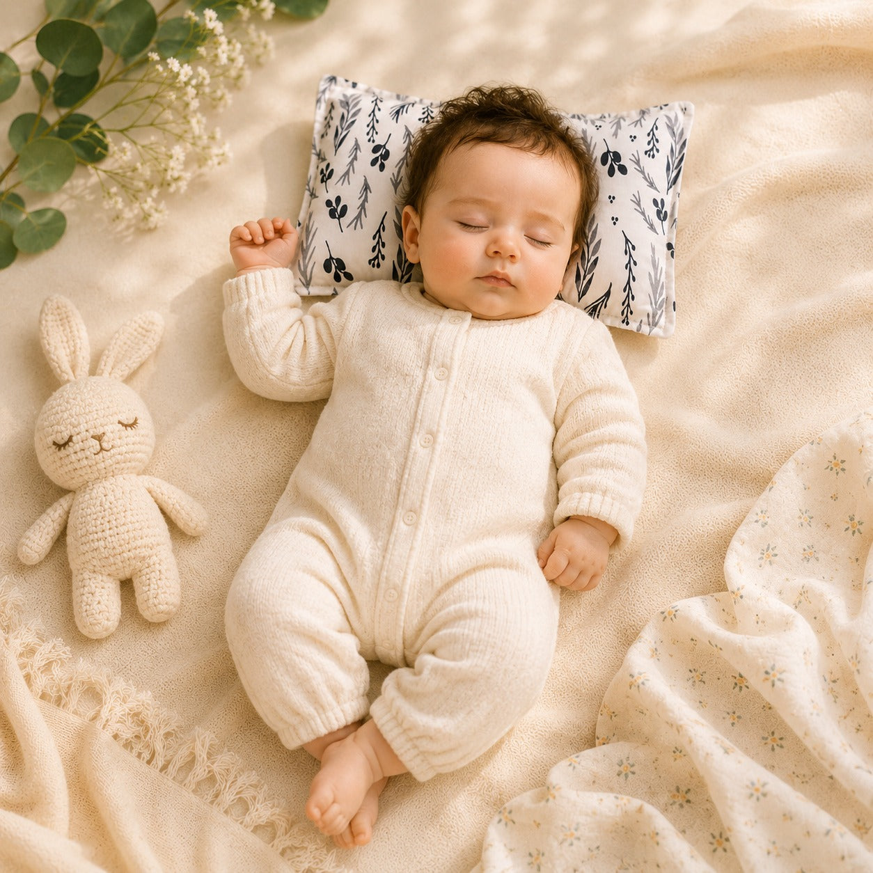 Smile Baby Natural Mustard Seed Baby Pillow with Grey Botanical Leaf Print – Soft Cotton Head Support Pillow for Newborns & Infants, Breathable & Washable