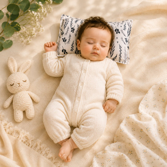 Smile Baby Natural Mustard Seed Baby Pillow with Grey Botanical Leaf Print – Soft Cotton Head Support Pillow for Newborns & Infants, Breathable & Washable