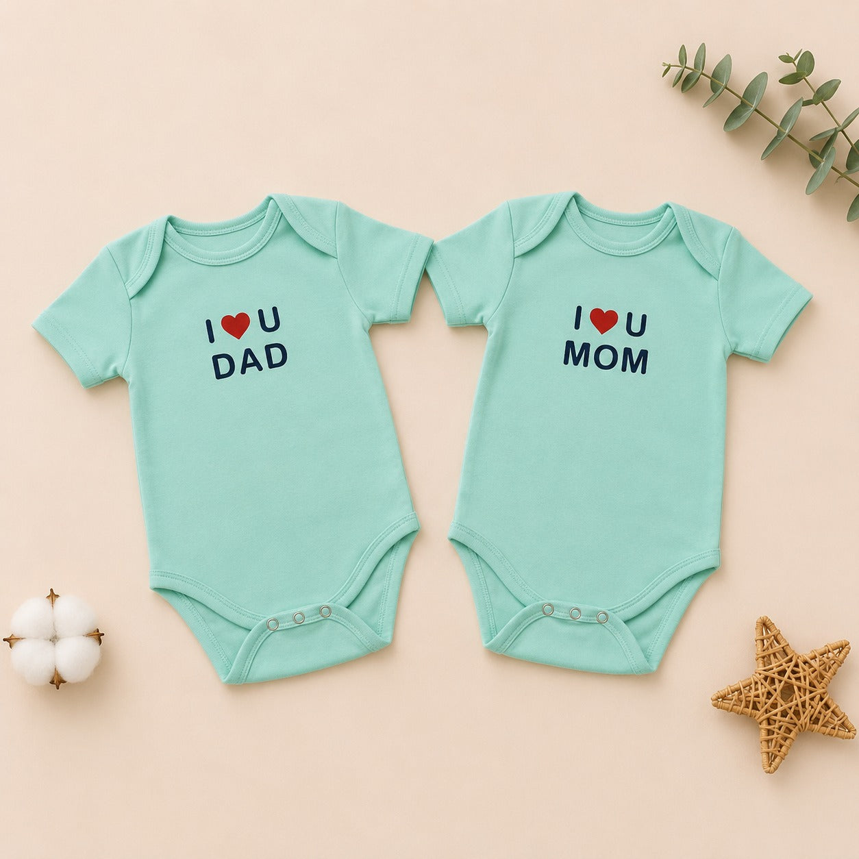 Smile Baby I Love Mom & Dad Baby Bodysuit Set – 2 Piece Mint Green Cotton Onesies for Newborn Boys & Girls