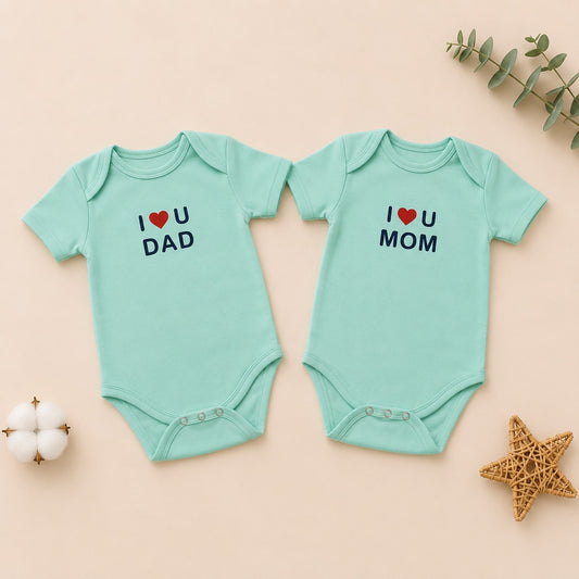 Smile Baby I Love Mom & Dad Baby Bodysuit Set – 2 Piece Mint Green Cotton Onesies for Newborn Boys & Girls