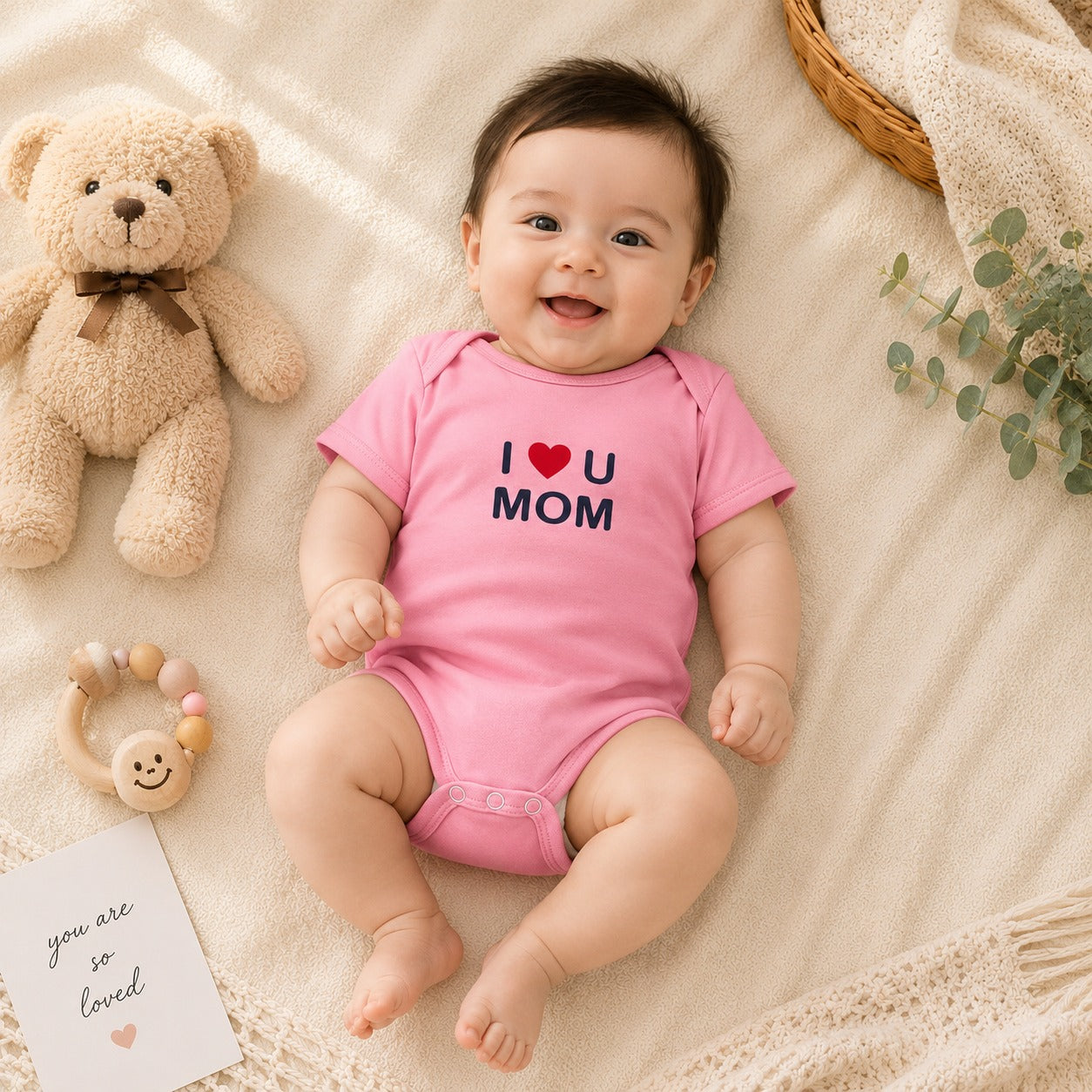 Smile Baby I Love Mom & Dad Baby Bodysuit Set – 2 Piece Pink Cotton Onesie Gift Set for Newborn Baby Girls & Boys