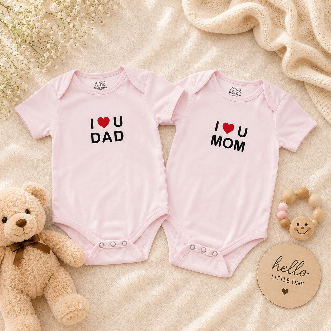 Smile Baby I Love Mom & Dad Baby Romper Set (Pack of 2) – Soft Cotton Printed Bodysuits for Newborns & Infants