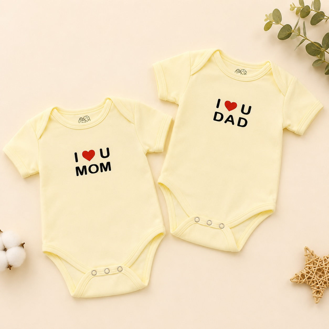 Smile Baby YELLOW I Love Mom & Dad Romper Set | Newborn Cotton Baby Bodysuit Combo Pack | Soft Half Sleeve Onesies for Babies 0-6 Months