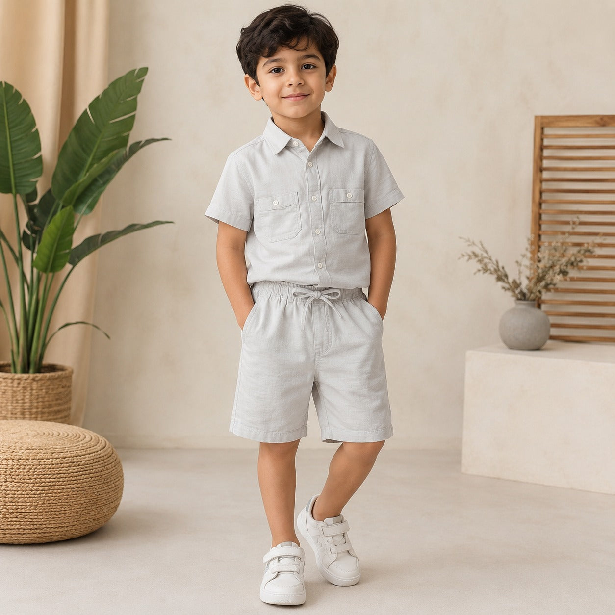 Smile Baby Boys Cotton Shirt & Shorts Co-Ord Set | Half Sleeve Summer Outfit for Kids | Soft & Breathable Casual Wear | Black, Sky Blue, Grey | Size 3-9 Years