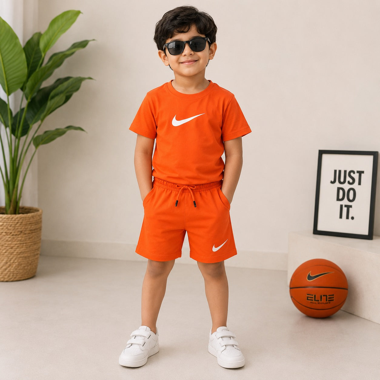 Smile Baby Boys Cotton T-Shirt & Shorts Co-Ord Set | Casual Summer Outfit with Graphic Back Print | Off White & Orange | Kids Sportswear | Size 4-12 Years