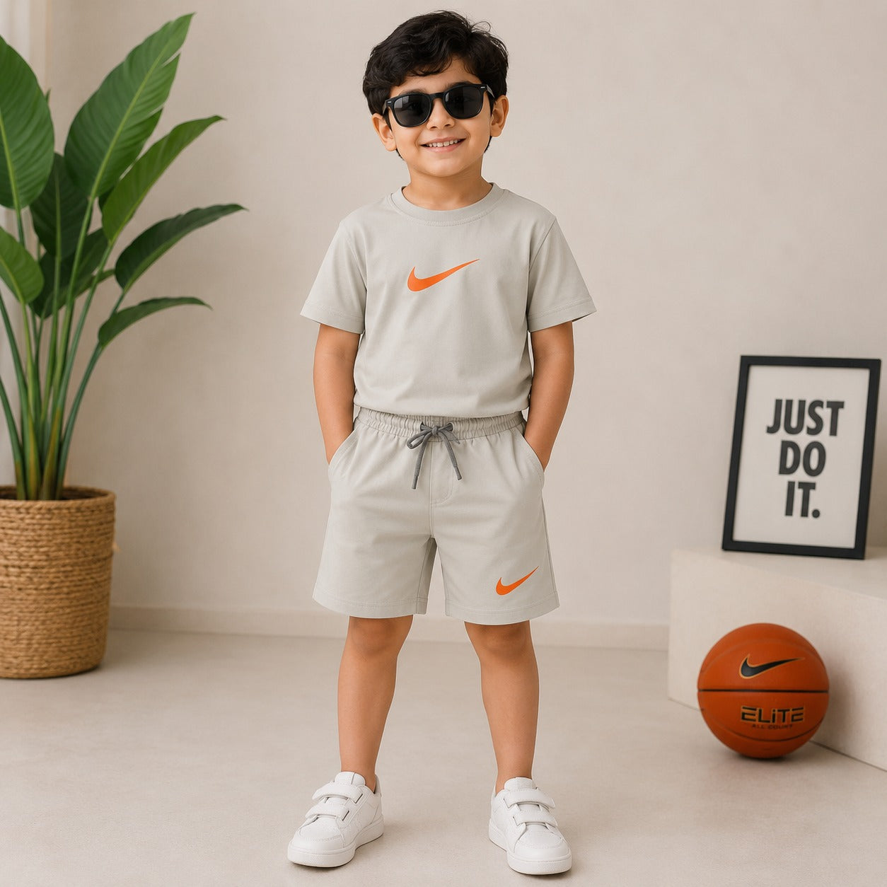 Smile Baby Boys Cotton T-Shirt & Shorts Co-Ord Set | Casual Summer Outfit with Graphic Back Print | Off White & Orange | Kids Sportswear | Size 4-12 Years