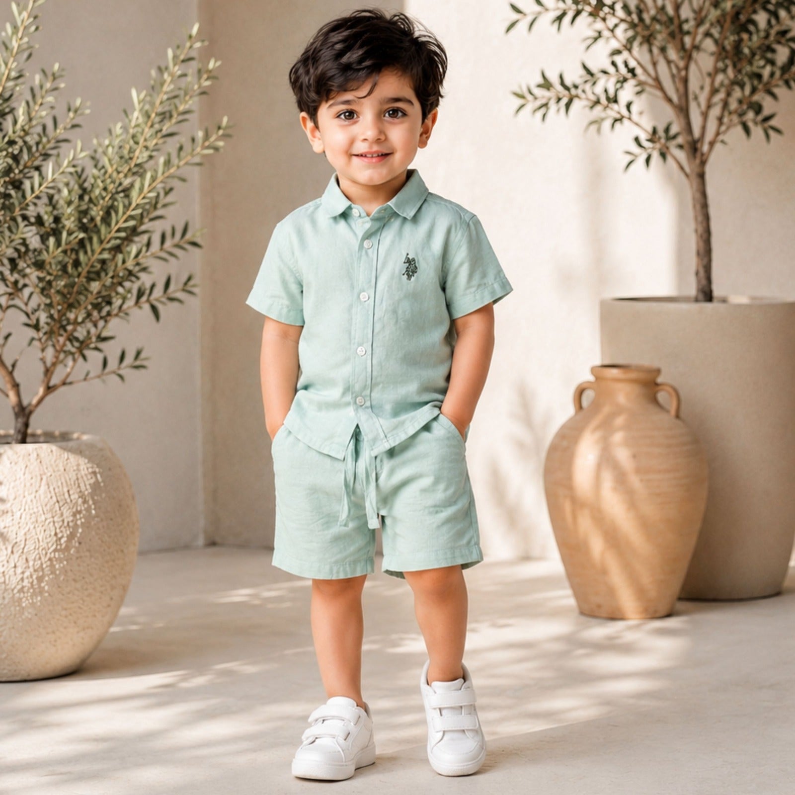 Smile Baby Boys Green Cotton Shirt & Shorts Co-Ord Set | Soft Summer Outfit for Kids | 18 Months to 5 Years