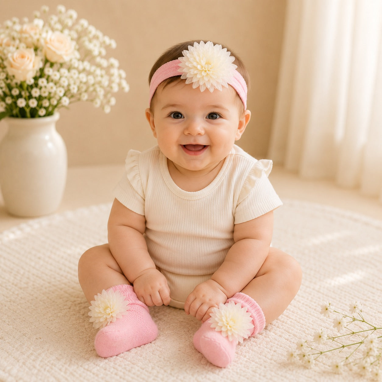 Smile Baby Newborn Baby Girl Headband & Socks Gift Set | Soft Cotton Floral Socks with Matching Headband | 0–9 Months