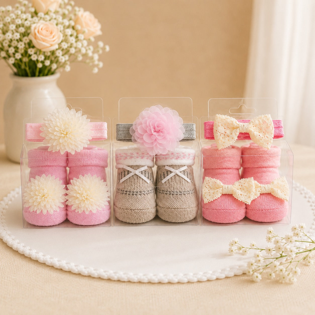 Smile Baby Newborn Baby Girl Headband & Socks Gift Set | Soft Cotton Floral Socks with Matching Headband | 0–9 Months