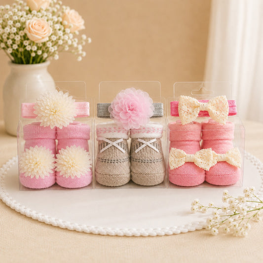 Smile Baby Newborn Baby Girl Headband & Socks Gift Set | Soft Cotton Floral Socks with Matching Headband | 0–9 Months