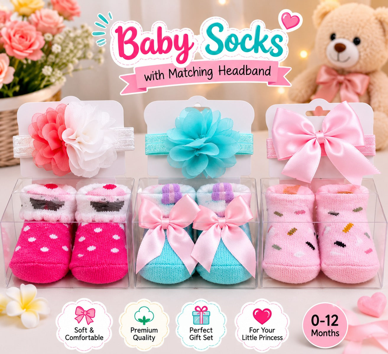 Smile Baby Baby Girl Socks & Matching Headband Gift Set | Soft Cotton Newborn Socks with Floral/Bow Headband | 0–9 Months