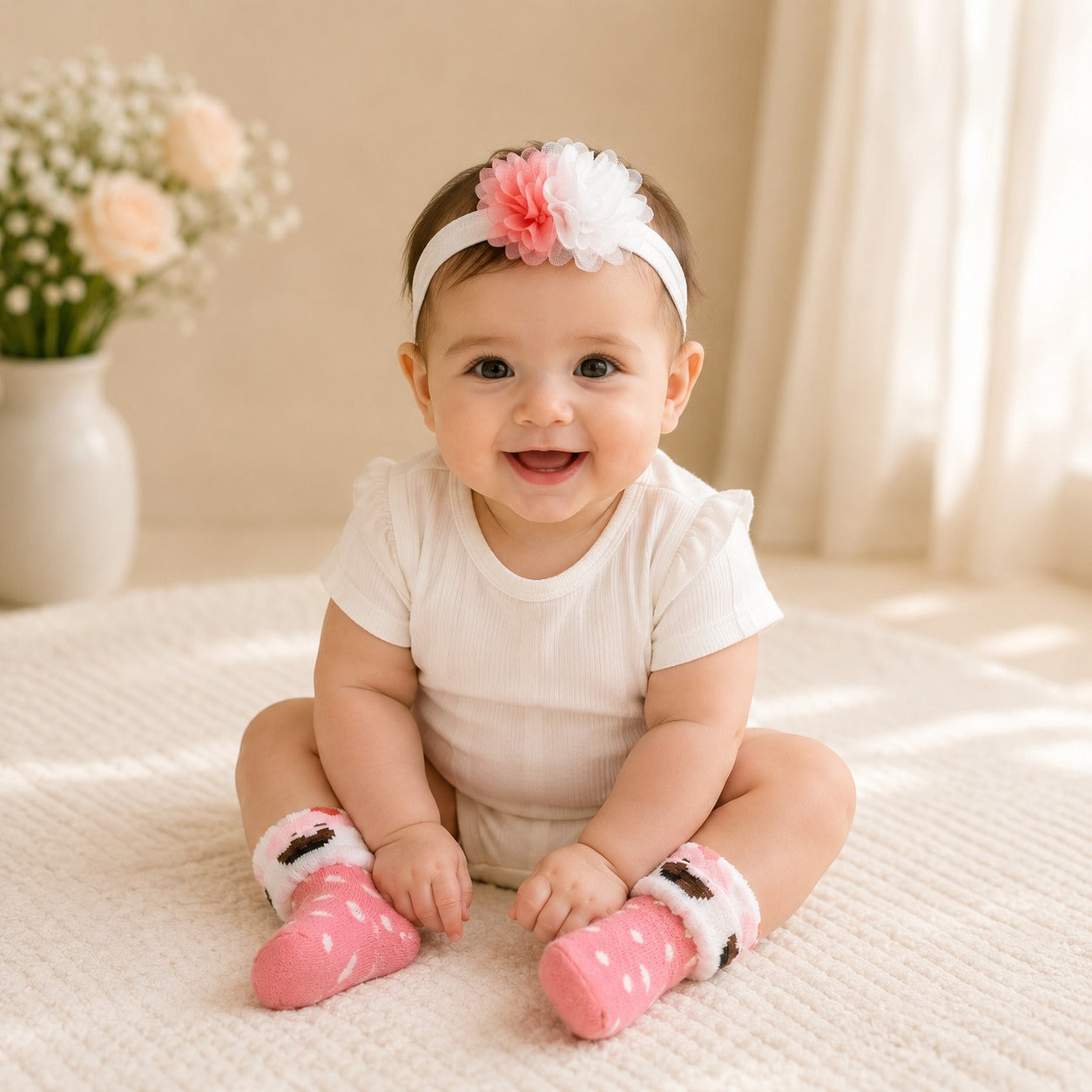 Smile Baby Baby Girl Socks & Matching Headband Gift Set | Soft Cotton Newborn Socks with Floral/Bow Headband | 0–9 Months
