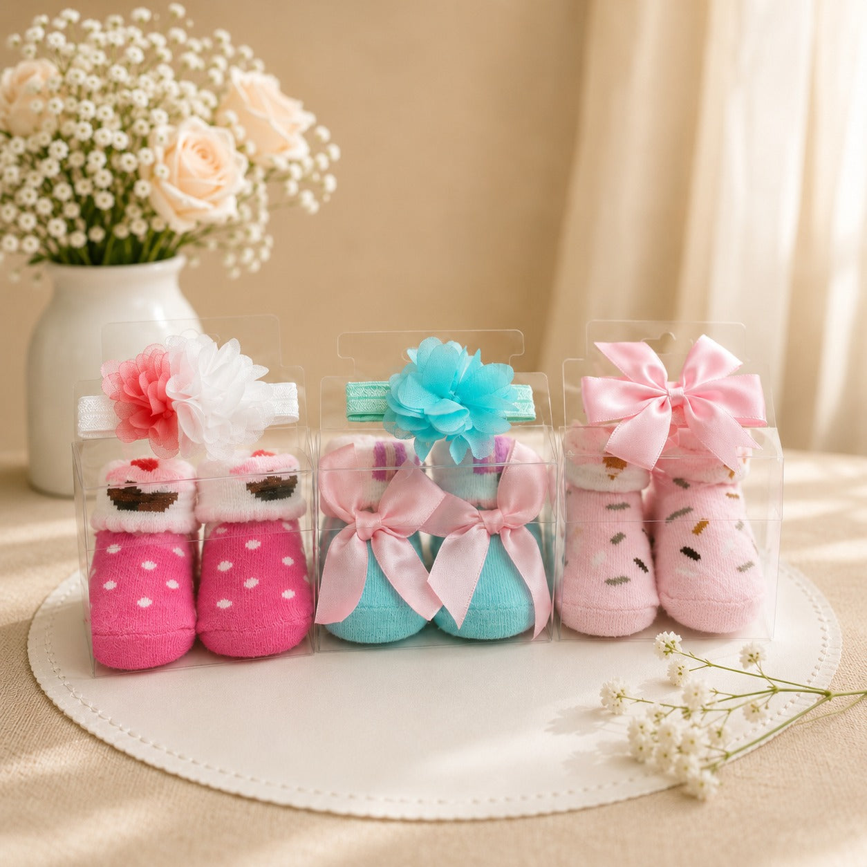 Smile Baby Baby Girl Socks & Matching Headband Gift Set | Soft Cotton Newborn Socks with Floral/Bow Headband | 0–9 Months
