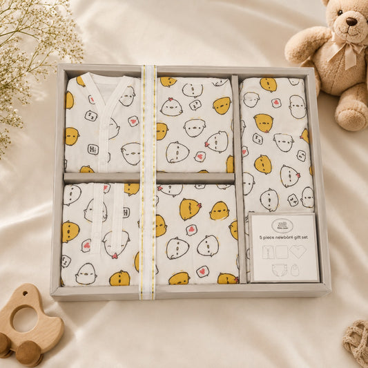 Smile Baby Muslin Newborn Essential Gift Set – 5 Piece Baby Gift Box (Muslin Vest, Nappy, Bib, Napkin & Swaddle) | Soft Cotton Baby Gift Set
