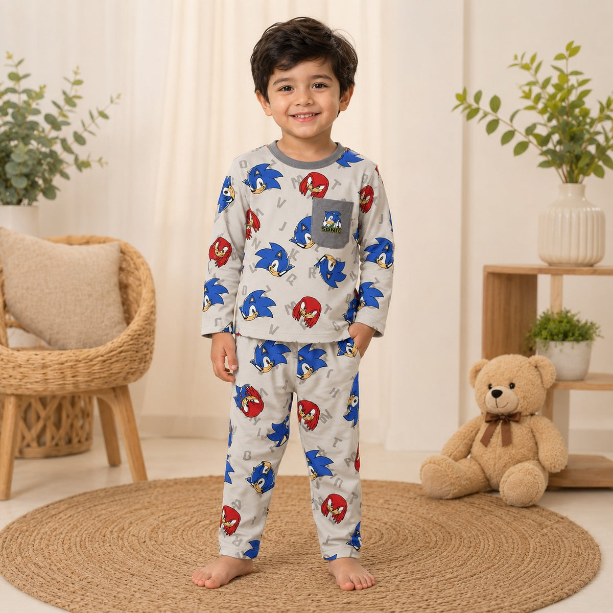 Smile Baby boys Sonic print full sleeve pajama set worn by a child, featuring soft breathable fabric, round neck, elastic waistband and comfortable nightwear for boys aged 18 months to 7 years.
