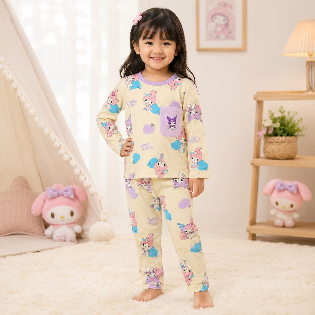 Smile Baby girls printed cotton full sleeve pajama set in cream color with lavender pocket, front view, soft night suit for 18 months to 10 years