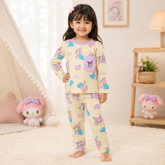 Smile Baby girls printed cotton full sleeve pajama set in cream color with lavender pocket, front view, soft night suit for 18 months to 10 years